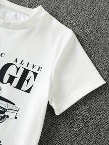 SHEIN 2er Set Kinder Lässig Vielseitig Bequem Amerikanisches Vintage Auto Muster Rundhals Lockerer Pullover Kurzarm Strick T-Shirt & Denim Shorts Set, Geeignet für Sommer - Verschiedenfarbig - Übersicht 7