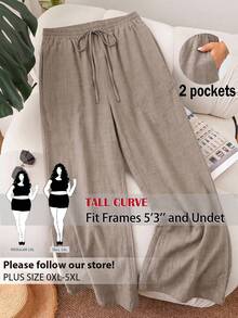 SHEIN PETITE CURVE Pantalones casuales sueltos de cintura elástica con cordón en unicolor para tallas grandes - Caqui - Ver 2
