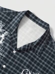 ROMWE MEN Prep Men's Lapel Short Sleeve Printed Plaid Casual Shirt - Multicolor - View 5