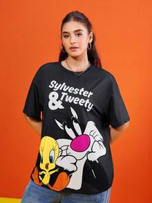 LOONEY TUNES X SHEIN 大码女式休闲可爱卡通字母图案落肩宽松黑色 T 恤，夏季大码图案 T 恤大码女式 T 恤崔弟和西尔维斯特卡通 T 恤女式大码卡通 T 恤，街头服饰 - 深灰色 - 查看 4