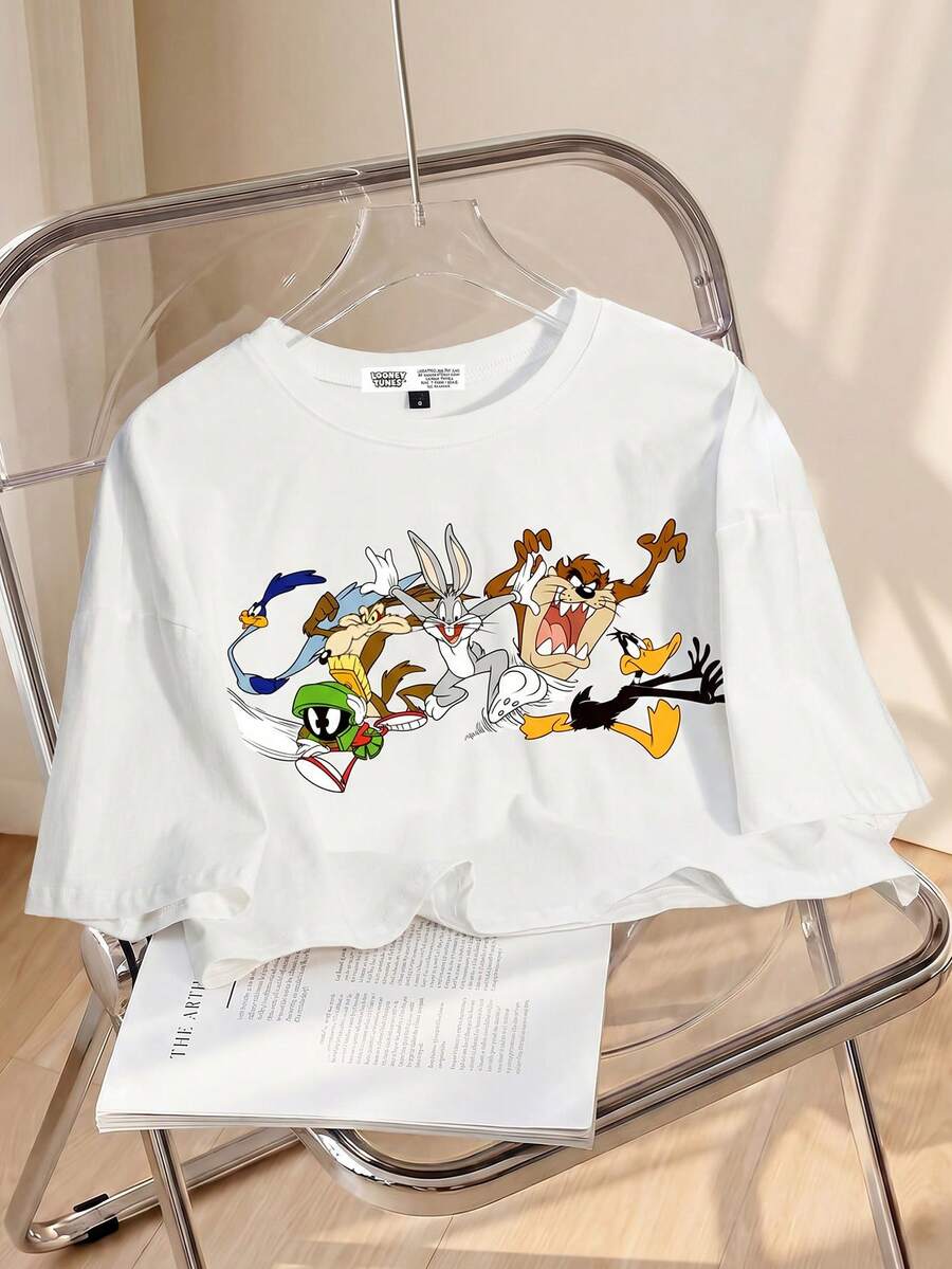 LOONEY TUNES X SHEIN 女士卡通印花圆领短袖 T 恤 - 白色 - 查看 1