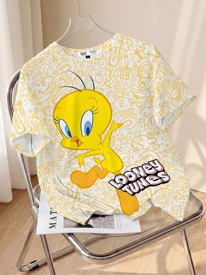 LOONEY TUNES X SHEIN تي شيرت قصير الأكمام بياقة دائرية بطبعة كرتونية جميلة وكاجوال للنساء، صيفي