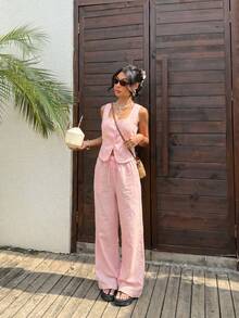 SHEIN EZwear 女士浅粉色纽扣亚麻吊带背心和抽绳腰长裤套装 - 淺粉色 - 查看 6