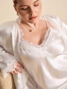 Hourtrue Plus Size White Satin Robe Set, Women Lace Trim Long Kimono Robe And Nightgown 2 Pieces Silk Like Loungewear - White - View 4