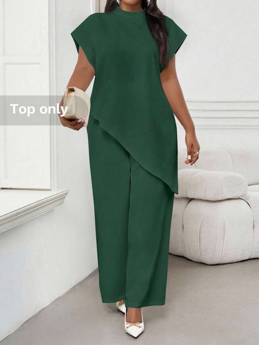 SHEIN Lady 2025新款大码女式深绿色纯色宽松不对称下摆优雅衬衫冬季情人节新年派对绿色婚礼宾客蝙蝠袖上衣秋季女式绿色优雅上衣 - 墨綠色 - 查看 1