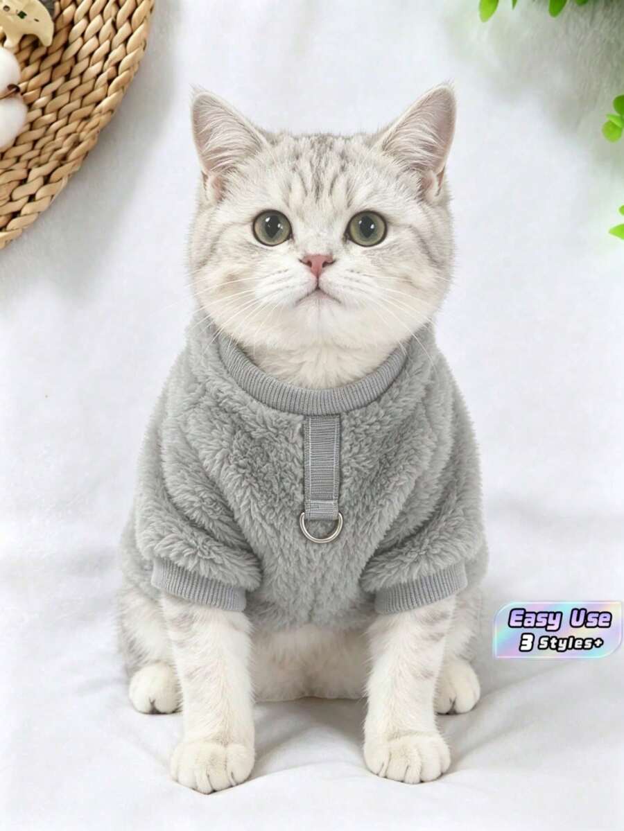 1 Piece Pet Plush Four-Legged Clothes, Solid Color Windproof Warm Outfit, Dog Sweater Hoodie, Suitable For Cats & Puppies In Autumn And Winter - Grey - View 1