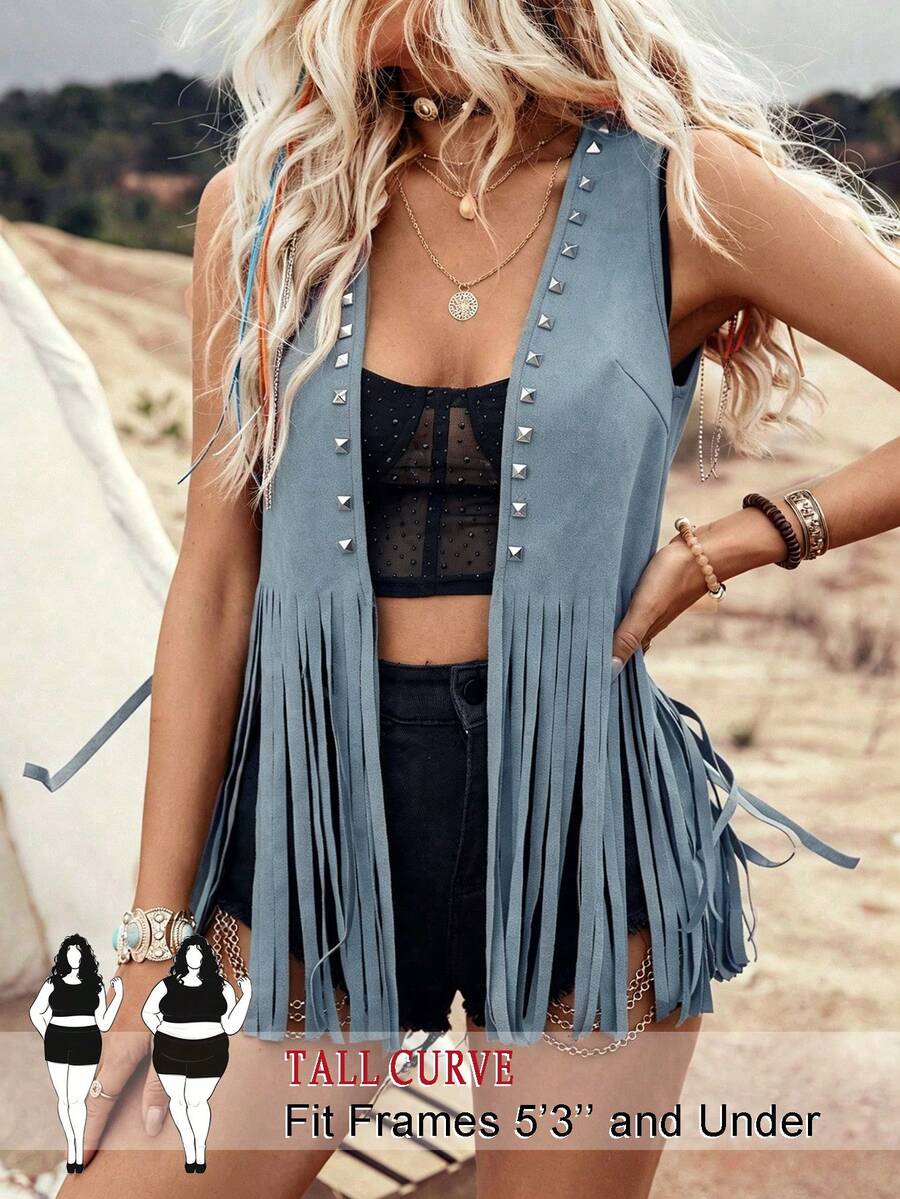 SHEIN Tall CURVE 大尺碼西式牛仔流蘇鉚釘休閒度假無袖薄款外套 春夏秋適用 - 藍色 - 查看 1