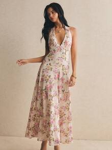 Poéselle Women's Floral Print Deep V-Neck Elegant Halter Dress - Apricot - View 8