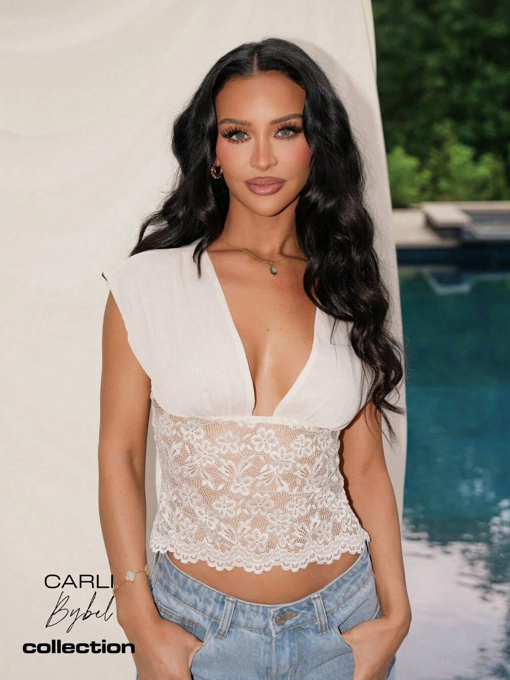 MISSGUIDED X Carli Bybel Deep V-Neck Top With Floral Lace Panel