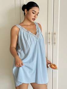 Dazy Plus Contrast Lace V-Neck Blue Elegant Casual Knee-Length Home Wear Plus Size Women's Nightgown Spring Summer - Baby Blue - View 5