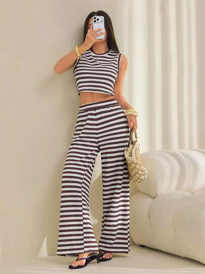 SHEIN PETITE 2pcs/Set Women Striped Camisole And Pants, Casual Summer Outfit