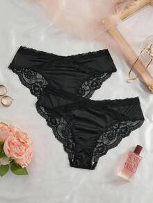 SHEIN Women's 2pcs Charming Black & Red Heart Lace Criss-Cross Mesh Rose Design Series Triangle Panties - Black - View 5