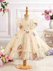 SHEIN Glamorique Kids 四季嬰幼兒刺繡正式洋裝，刺繡公主正式洋裝，荷葉袖收腰正式洋裝 - 香檳色 - 查看 3