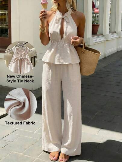 SHEIN PariChic Bộ 2 món áo cami dây mảnh thắt eo + quần ống rộng, phong cách thoải mái cho mùa hè, đi biển, du lịch đảo, chụp ảnh du lịch mùa tốt nghiệp