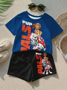 SHEIN | PAW Patrol 兒童小男孩休閒簡約T恤套裝，經典勇敢卡通圖案印花，Chase、Rubble、3D圖案印花，精緻徽章Logo圖案印花 - 彩色 - 查看 2