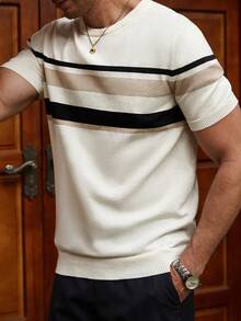 Manfinity Homme Plus Size Men's Black And White Striped Pattern Short Sleeve Crew Neck Knit Top Holiday Summer Casual - Multicolor - View 5