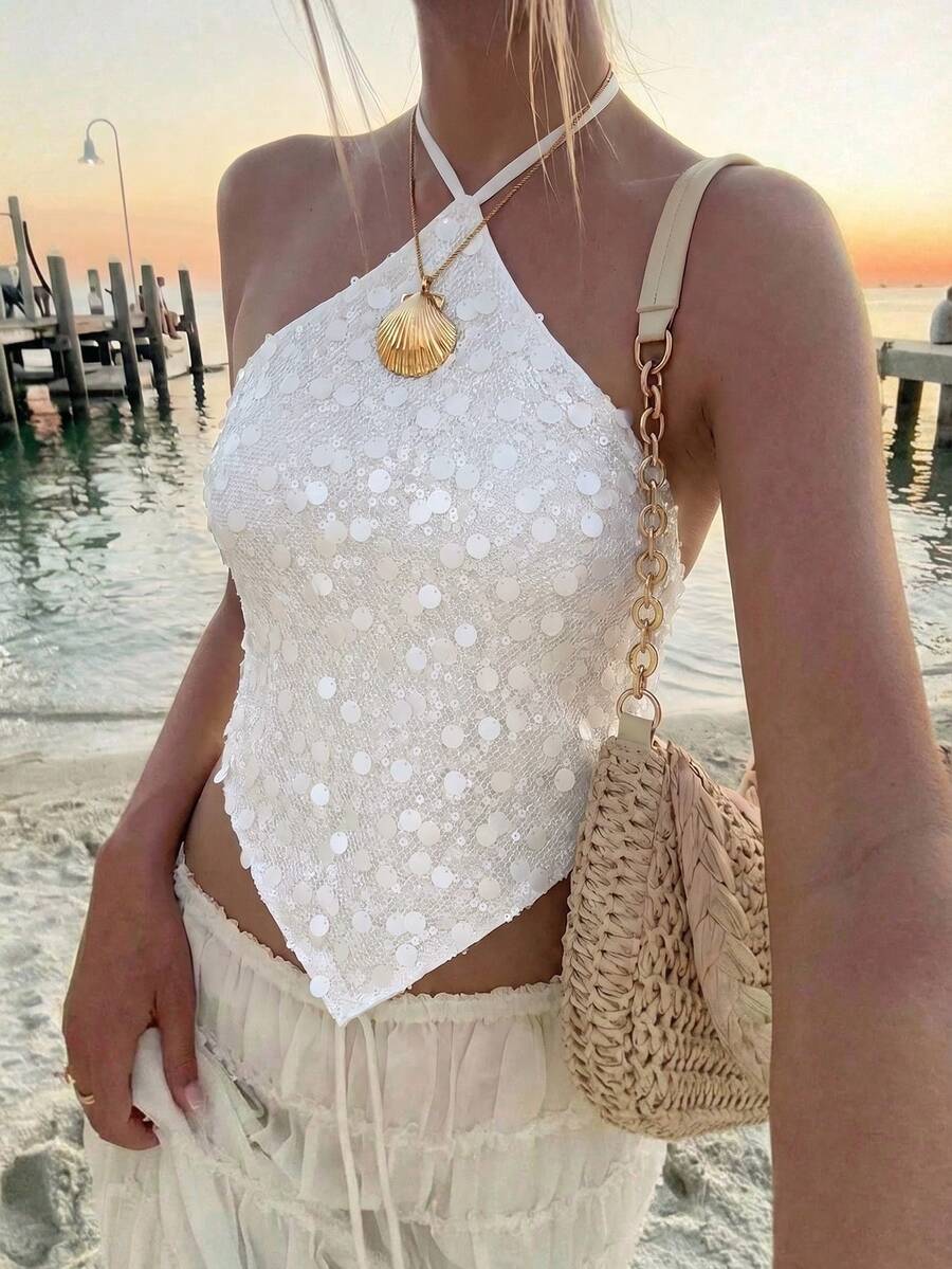 Aloruh 女款性感亮片露背掛脖上衣,夏季海灘度假波西米亞熱帶風,適合海灘度假、演唱會、Rave、音樂節、鄉村音樂會、Ibiza、Nashville、西部風上衣 - 白色 - 查看 1