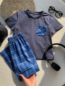 SHEIN 男童纯色针织圆领休闲T恤和格子裤两件套家居服 - 彩色 - 查看 3