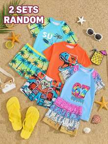 Tween Boy Digital Print Raglan Short Sleeve Top And Shorts Casual Swimsuit Set - Green - View 6