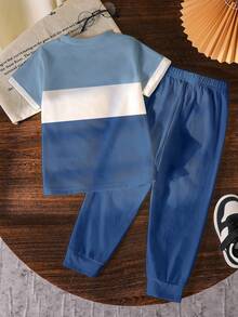 2pcs/Set Young Boy Face Print White & Blue Digital Print Fashion Versatile Comfortable White & Blue Crew Neck T-Shirt & Dark Blue Long Pants Boys Short Sleeve Top & Long Pants Set Suitable For All Seasons Digital Daily Streetwear Outfit Shorts Summer Spring - Multicolor - View 6