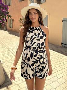 SHEIN Maternity Printed Tie-Up Casual Vacation Romper - Black and White - View 2