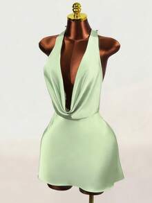 Women's Spaghetti Strap Deep V-Neck Casual Elegant Silk Finish Glossiness Sexy Grace Dress Night Out Sage Green Summer - Green - View 5