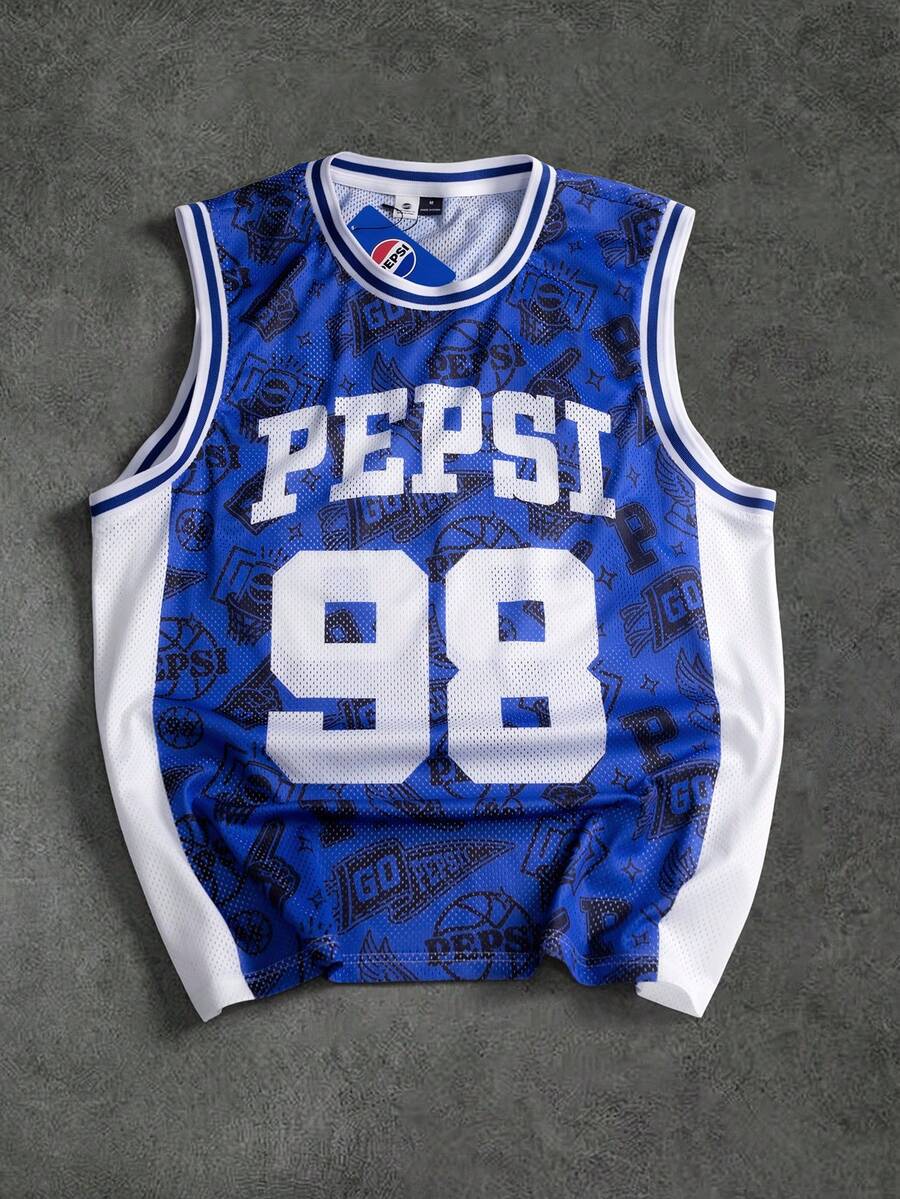 PEPSI X SHEIN PAVTROS 男士休閒寬鬆版型數字印花圓領背心,足球風 - 藍色 - 查看 1
