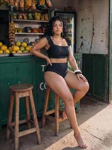 Swim Mod Plus Size Women's Summer Beach Solid Color Ruched Fashion Bikini Set Black - Black - View 3