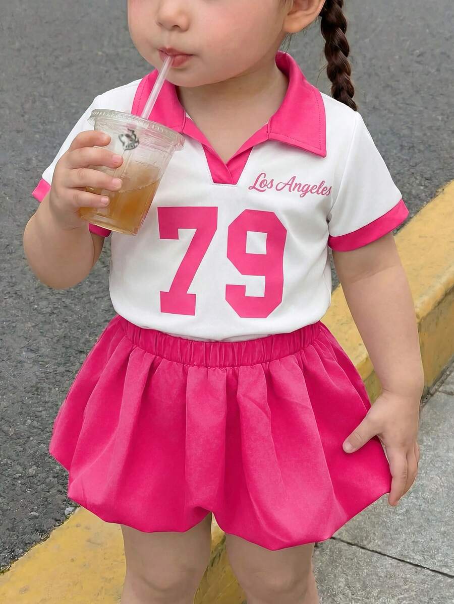 SHEIN Baby Girl Two Pieces Sets White Pink Polo Shirt And Pleated Skirt Summer Casual Sporty - Hot Pink - View 1