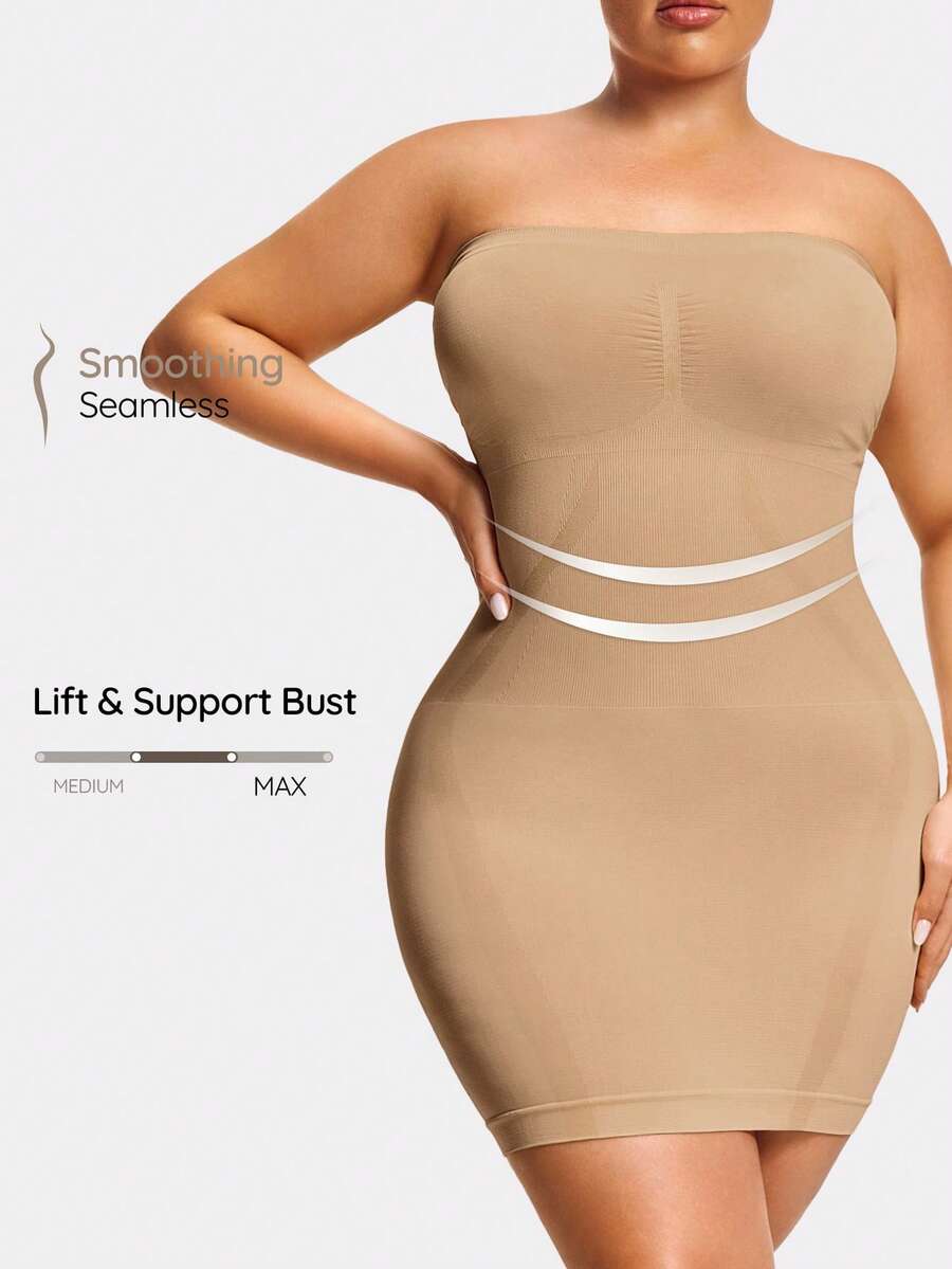 SHAPORA Women's Solid Color Elastic Comfortable Plus Size Shapewear Slips - Apricot - View 1