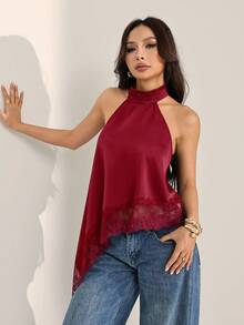 SHEIN PETITE 女款蕾絲飾邊掛脖休閒百搭日常外出上衣 - 紅色 - 查看 7