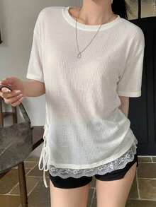 DAZY 夏秋鏤空蕾絲飾邊拼接繫帶抽繩長款白色寬鬆休閒短袖女款T恤 - 白色 - 查看 2