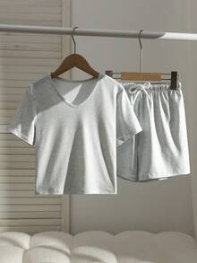 Girls' Summer Pink Short Sleeve T-Shirt & Shorts 2-Piece Set, New Cropped Tee + Elastic Waist Shorts Outfit, Casual Sporty Versatile Knit Fabric Set For Big Kids & Students, Suitable For Daily Wear, Outings, Sports, And Home - Light Grey - View 7