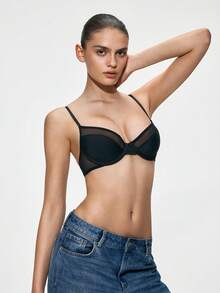 SHAPORA Solid Color Mesh Patchwork Sexy Minimalist Lingerie Bra, Underwire Push-Up Enhances Cleavage, Prevents Sagging - Black - View 5