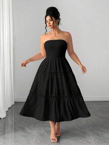 Elenzga Women's Strapless Cinched Waist Ruffle Trim Patchwork A-Line Textured Elegant Vacation Summer Plus Size Dress - Black - View 4