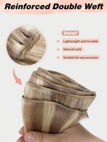 Extensiones de cabello cosidas sin costuras de 100g con reflejos rubio ceniza de mezcla natural, cabello humano real negro de 22 pulgadas, extensiones de cabello Remy de doble trama para volumen y longitud - S18/613 - Ver 7