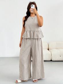 Shapeblank Plus Size Women's Plaid Ruffle Hem Sleeveless Shirt And Pants Casual Two Pieces Set - Khaki - View 2