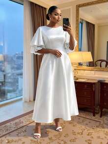 SHEIN Lady CURVE Plus Size Solid Color Round Neck Lace Patchwork Elegant Long Summer Dress Bridal Wedding Guest Formal Cocktail White Evening Party Wedding - White - View 3