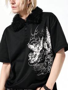 ROMWE MEN Street Life 男士短袖休闲翻领Polo衫，时尚夏季款 - 黑色 - 查看 2