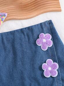 SHEIN Tween Girls 2pcs/Set Summer New Knit Textured Striped Fabric Contrast Color Polo Collar Clip-On Patchwork Front 3D Embroidered Patch Decor - Purple - View 7