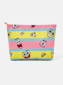 SpongeBob SquarePants | SHEIN 1個卡通印花燈芯絨拉鍊化妝包，輕巧多功能內襯化妝收納袋 - 條紋 - 查看 1