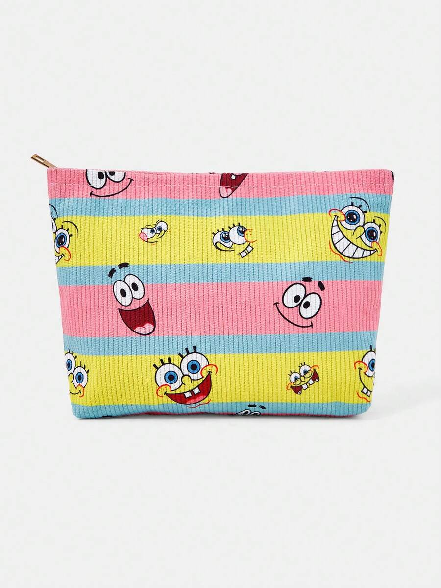 SpongeBob SquarePants | SHEIN 1個卡通印花燈芯絨拉鍊化妝包,輕巧多功能內襯化妝收納袋 - 條紋 - 查看 1