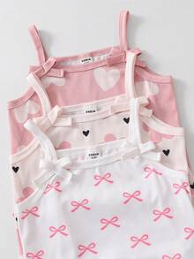 (Aleatorio 3-en-1) Conjunto de Top Camisola y Shorts de Tela Acanalada Suave y Cómoda con Estampado Floral de Corazón y Mariposa Cálido para Niñas con Decoración de Lazo 3D, Caja Ciega Aleatoria 1 Conjunto - Multicolor - Ver 4