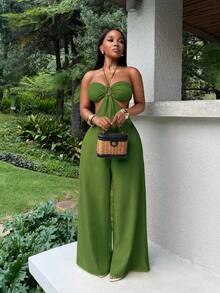 BamGleam Women's Solid Color Cutout Design Halter Neck Sexy Jumpsuit For Vacation - Army Green - View 8