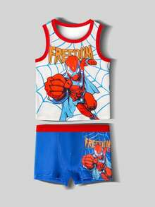 Conjunto de 2 piezas/Set de ropa interior para niños preadolescentes, camiseta sin mangas cómoda con estampado integral & calzoncillos bóxer cuadrados - Multicolor - Ver 4