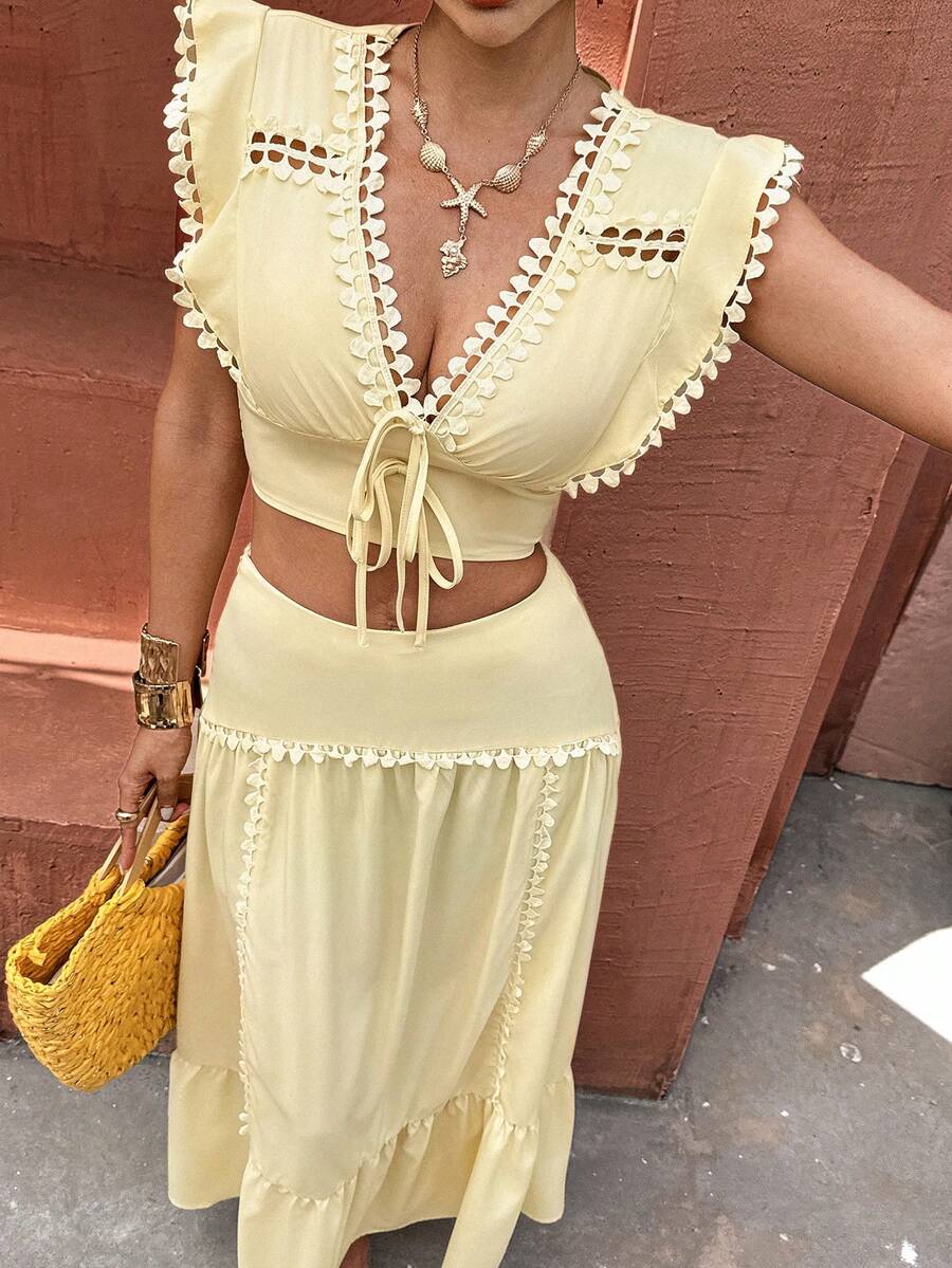 Flora Isola Flora Isola Damen elegantes modisches Pendler-Casual bequemes charmantes Vintage minimalistisches High-End romantisches Urlaubs-Lässig-Set für sanfte Damen im Sommer, entspanntes ärmelloses Top mit Rüschenschulter-Design, V-Ausschnitt, tailliert, Patchwork, Cut Out Spitze, A-Linie, geraffter Rock mit Spitzendekor, einfarbig, 2-teiliges Set - Hellgelb - Übersicht 1