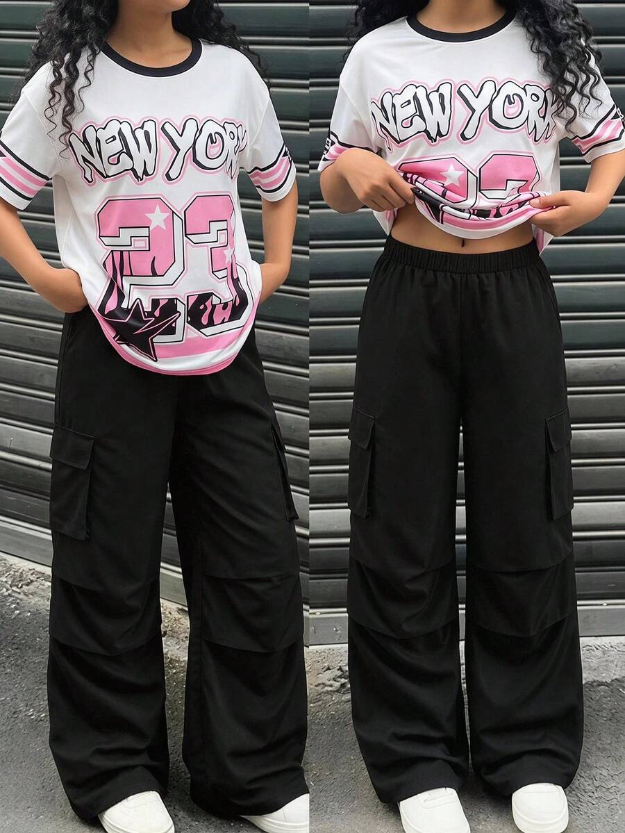 SHEIN 2件/套 青少年女孩夏季新款休閒運動針織數位印花圓領短袖寬鬆T恤與梭織寬鬆口袋工裝褲 日常休閒出遊運動套裝 - 黑色 - 查看 1