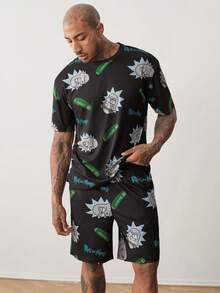 Rick and Morty X SHEIN 男士字母卡通印花短袖上衣與短褲休閒日常居家服套裝 - 黑色 - 查看 1