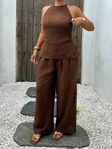 Dazy Plus Solid Color Fun Commuter Set, Mock Neck Tie Back Sleeveless Top, Long Loose Casual Maxi Skirt, Plus Size Women's Spring Summer Brown 2-Piece Set - Brown - View 6