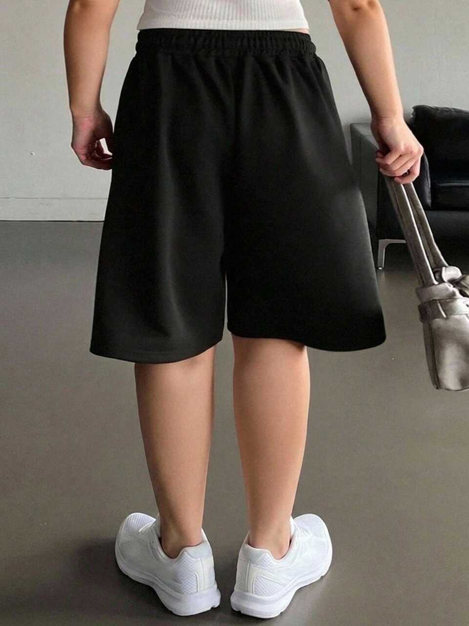 Dazy Petite Curve Elastic Waist Drawstring Sports Casual Black Knit Plus Size Petite Women's Shorts